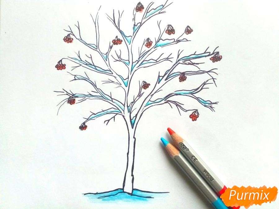 Рисуем зимнее дерево из рябины - шаг 5