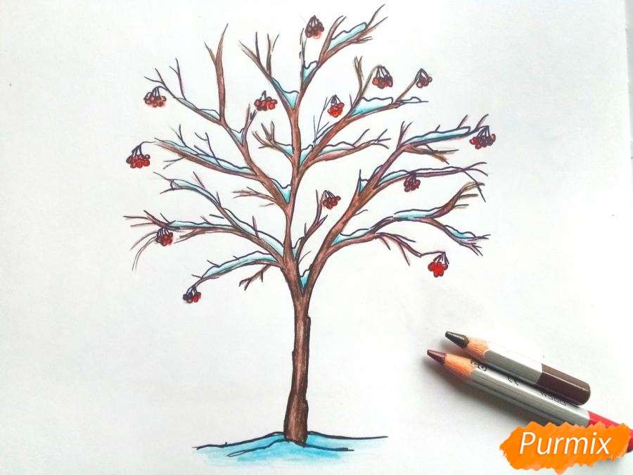 Рисуем зимнее дерево из рябины - шаг 6